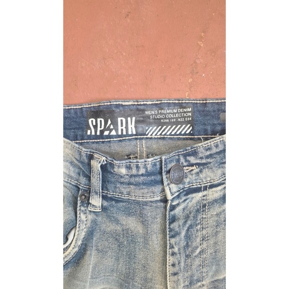 Spark Mens Premium Denim Studio Collection Flare Fit Distressed Jeans Blue 32x36 - Picture 3 of 11